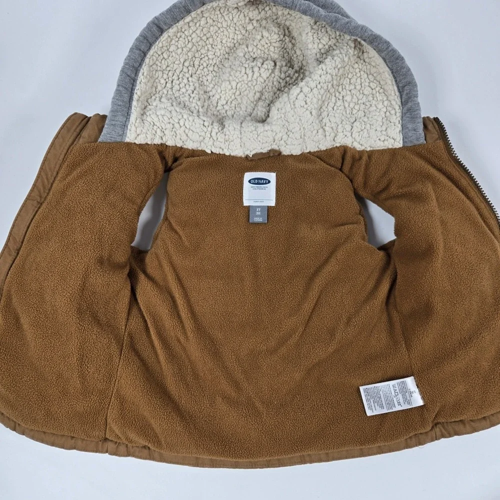 Old Navy Puffer Vest Toddler 3T Brown Hooded Fleece Lined Sleeveless Jacket Coat
